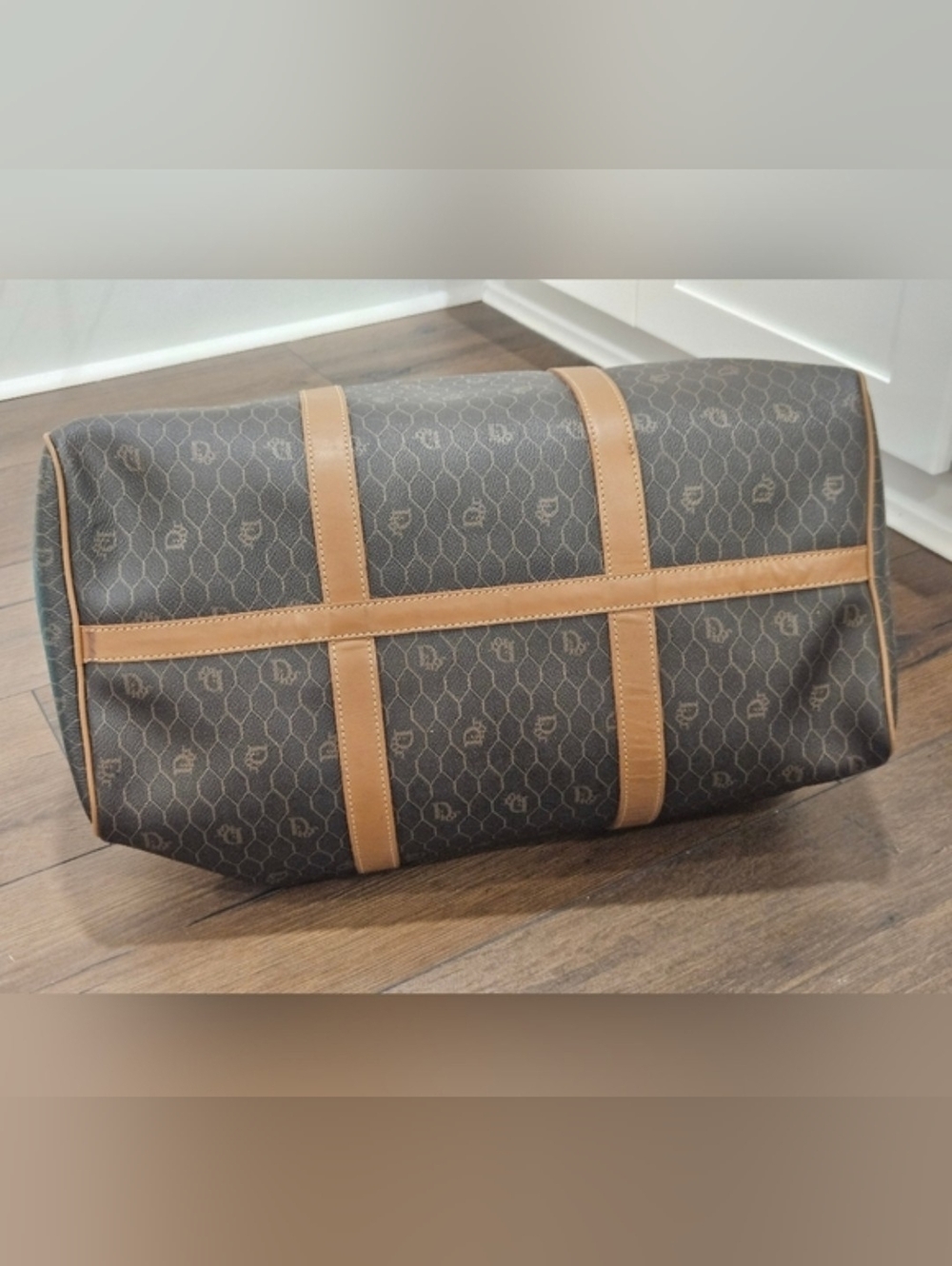 CHRISTIAN DIOR Vintage Honeycomb Boston Duffel Bag Navy Tan Leather Italy - Picture 6 of 14